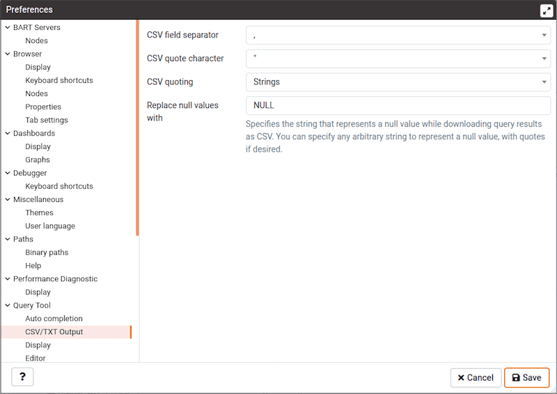 Preferences dialog - Query tool CSV Output option